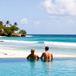 Caribbean Holidays, April Couples Holidays, Couple relaxing beside a tranquil infinity pool overlooking the Caribbean Sea at a Saint Lucia resort