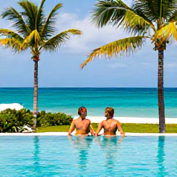 Caribbean Holidays, April Couples Holidays, Couple relaxing beside an infinity pool at a tropical resort in St Thomas, palm trees, bright April day and Caribbean sea in the distance