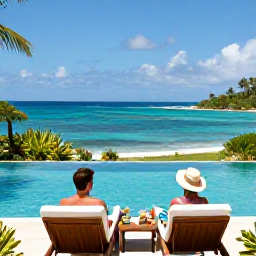 Caribbean Holidays, April Couples Holidays, Couple relaxing beside an infinity pool overlooking the Caribbean Sea in Saint Kitts and Nevis, tropical gardens and sunny April sky