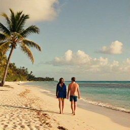 Caribbean Holidays, April Couples Holidays, Couple relaxing on a quiet golden beach in Tobago in warm April sunshine, turquoise sea and palm trees