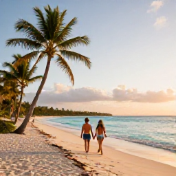Caribbean Holidays, April Couples Holidays, Couple walking along a quiet Caribbean beach at sunrise, palm trees, turquoise sea and soft golden light