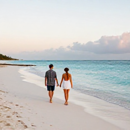 Caribbean Holidays, April Couples Holidays, Couple walking barefoot along a quiet white-sand beach in Turks and Caicos at sunrise, calm turquoise sea and soft April light