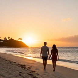 Caribbean Holidays, April Couples Holidays, Couple walking hand in hand along a quiet Caribbean beach at sunset on Saint Martin