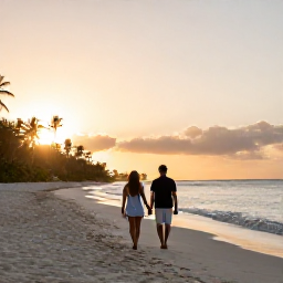 Caribbean Holidays, April Couples Holidays, Couple walking hand in hand along a quiet white-sand beach in Antigua at sunset, Caribbean holiday photography