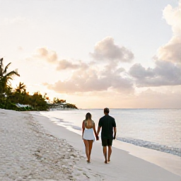 Caribbean Holidays, April Couples Holidays, Couple walking hand in hand along a quiet white-sand beach in Saint Barth&eacute;lemy at sunset