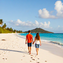 Caribbean Holidays, April Couples Holidays, Couple walking hand in hand along a quiet white-sand beach in St Thomas, United States Virgin Islands, warm April sunshine and turquoise sea
