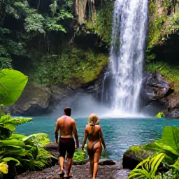Caribbean Holidays, April Couples Holidays, Couple walking through lush rainforest in Trinidad near a waterfall, tropical plants and natural pools