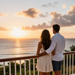 Caribbean Holidays, April Couples Holidays, Couple watching sunset from a comfortable Caribbean hotel terrace overlooking the sea in Tobago