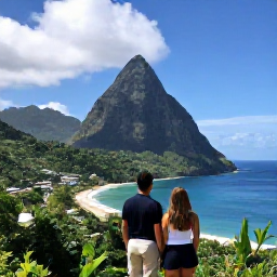 Caribbean Holidays, April Couples Holidays, Dramatic Pitons rising above the sea with a couple viewing the landscape from a scenic viewpoint in Saint Lucia
