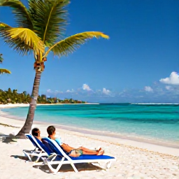 Caribbean Holidays, April Couples Holidays, Grace Bay Beach in April with two sun loungers, clear shallow water, palm trees and a couple relaxing beside the shore