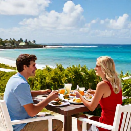 Caribbean Holidays, April Couples Holidays, Romantic Antigua resort terrace with a couple enjoying a relaxed breakfast and panoramic Caribbean sea view