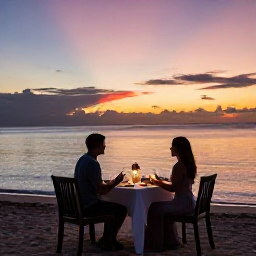 Caribbean Holidays, April Couples Holidays, Romantic beachfront dinner for two at sunset in Tobago, softly lit table, calm Caribbean sea and colourful sky