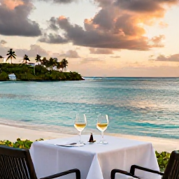 Caribbean Holidays, April Couples Holidays, Romantic Caribbean resort terrace overlooking a calm turquoise bay at sunset, two glasses of wine on a table