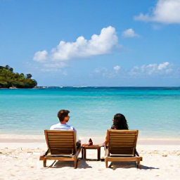 Caribbean Holidays, April Couples Holidays, Romantic couple relaxing on loungers beside calm turquoise water at a secluded Antigua beach, bright April sunshine