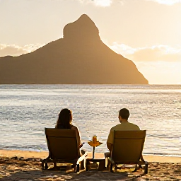 Caribbean Holidays, April Couples Holidays, Romantic golden beach on Nevis with two sun loungers, calm Caribbean water and Nevis Peak in the background