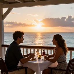 Caribbean Holidays, April Couples Holidays, Romantic open-air restaurant in Providenciales at sunset, couple dining at a table with Caribbean sea views and warm evening light