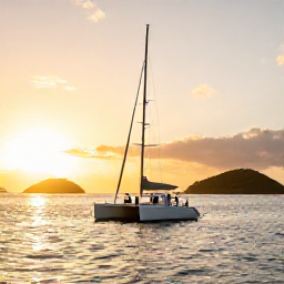 Caribbean Holidays, April Couples Holidays, Romantic sunset sail with a couple aboard a small catamaran near St John, golden evening light, calm Caribbean water and distant green islands