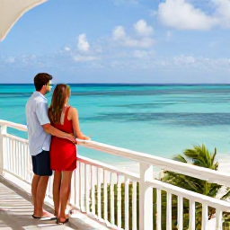 Caribbean Holidays, April Couples Holidays, Stylish beachfront resort in Turks and Caicos with a couple on a balcony overlooking turquoise water during a sunny April afternoon