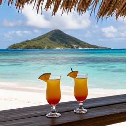 Caribbean Holidays, April Couples Holidays, Two glasses of rum punch on a shaded terrace overlooking turquoise sea and green islands in Saint Vincent and the Grenadines