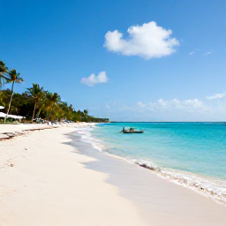 Caribbean Holidays, April Cruises, A calm white-sand beach on St John with turquoise water, palm trees and a small boat in the distance