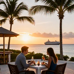 Caribbean Holidays, April Cruises, A couple enjoying a sunset meal at a relaxed seaside restaurant on Grand Turk, with palm trees and a cruise ship in the distance
