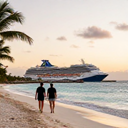 Caribbean Holidays, April Cruises, A couple walking along a quiet white-sand Caribbean beach at sunset after a day in port