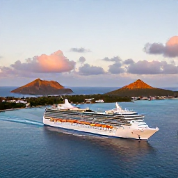 Caribbean Holidays, April Cruises, A cruise ship departing a Caribbean harbour at golden hour with calm sea and glowing island coastline