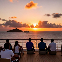 Caribbean Holidays, April Cruises, Cruise passengers enjoying an open-air deck at sunset, with the Caribbean Sea glowing orange and pink around the Virgin Islands