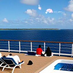 Caribbean Holidays, April Cruises, Passengers relaxing on the deck of a Caribbean cruise ship with palm-fringed islands visible in the distance