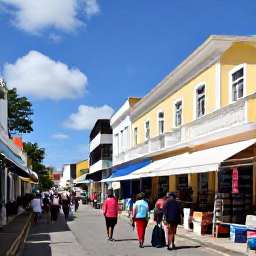 Caribbean Holidays, April Cruises, Visitors strolling through the colourful streets of Charlotte Amalie, browsing shops and historic buildings beneath a sunny sky