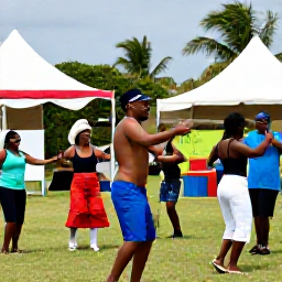 Caribbean Holidays, April Culture Holidays, Colourful local cultural festival in Providenciales, Turks and Caicos Islands, with musicians, dancers and visitors enjoying an outdoor April celebration