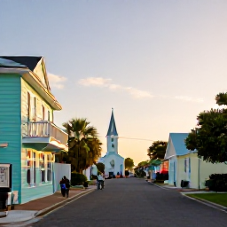 Caribbean Holidays, April Culture Holidays, Historic Cockburn Town street on Grand Turk with pastel buildings, a small church and visitors exploring in warm April sunshine