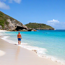 Caribbean Holidays, April Culture Holidays, Quiet Saint Barth&eacute;lemy beach in April with clear turquoise water, rocky hills and a traveller enjoying the peaceful scenery