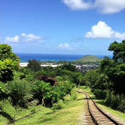 Caribbean Holidays, April Culture Holidays, Scenic sugar estate and railway on the green foothills of Mount Liamuiga, Saint Kitts, with the Caribbean Sea in the distance