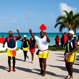 Caribbean Holidays, April Culture Holidays, Traditional Junkanoo-style musicians and dancers performing outdoors near the waterfront on Grand Turk, Turks and Caicos Islands, in April