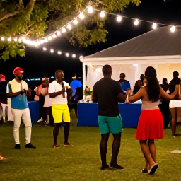 Caribbean Holidays, April Culture Holidays, Visitors enjoying Saint Barth&eacute;lemy cultural music and dancing at an informal outdoor evening event under warm lights