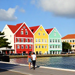 Caribbean Holidays, April Cura&ccedil;ao, Colourful historic Willemstad waterfront in Cura&ccedil;ao with pastel buildings, a walking couple and bright daytime light