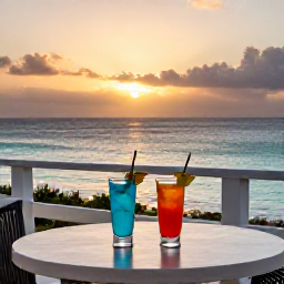 Caribbean Holidays, April Cura&ccedil;ao, Elegant adults-only resort terrace at sunset in Cura&ccedil;ao, with two drinks overlooking the Caribbean Sea