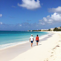 Caribbean Holidays, April Cura&ccedil;ao, White sandy beach and clear blue water on Cura&ccedil;ao, with an adult couple walking along the shoreline in April