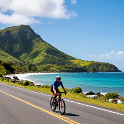 Caribbean Holidays, April Cycling Holidays, A cyclist riding along a quiet coastal road beside turquoise Caribbean water on Saint Vincent, with green hills and bright April sunshine