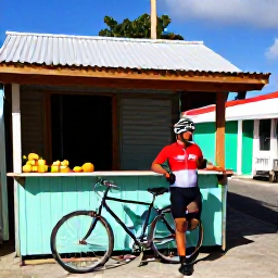 Caribbean Holidays, April Cycling Holidays, A friendly cyclist resting beside a small Caribbean caf&eacute;, with a bicycle, fresh fruit and colourful island buildings in the background