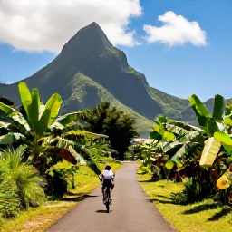 Caribbean Holidays, April Cycling Holidays, A scenic cycle route through lush tropical countryside on Saint Vincent, with banana plants, mountain slopes and a clear blue sky