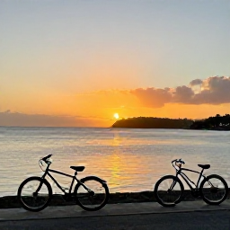 Caribbean Holidays, April Cycling Holidays, A sunset view over a Caribbean bay in Saint Vincent and the Grenadines, with bicycles resting near the waterfront and warm evening light