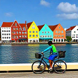 Caribbean Holidays, April Cycling Holidays, Colourful Willemstad waterfront with a touring bicycle in the foreground, bright Dutch colonial buildings and blue Caribbean water