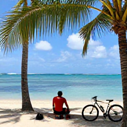 Caribbean Holidays, April Cycling Holidays, Cyclist resting beside a calm Caribbean beach in Tobago, with palm trees, turquoise water and a bicycle in the foreground