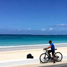 Caribbean Holidays, April Cycling Holidays, Cyclist resting beside a secluded Cura&ccedil;ao beach with turquoise water, white sand and a bicycle leaning against a low wall