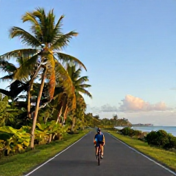 Caribbean Holidays, April Cycling Holidays, Cyclist riding along a quiet coastal road in Trinidad and Tobago in April, bright tropical scenery and gentle morning light