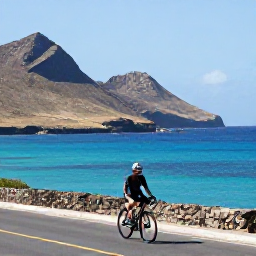 Caribbean Holidays, April Cycling Holidays, Cyclist riding along a sunny coastal road in Cura&ccedil;ao in April, with turquoise sea, dry stone walls and rugged hills in the background