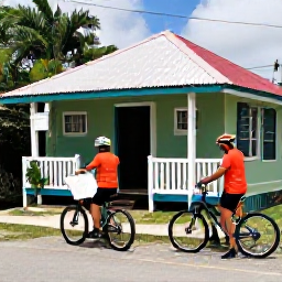 Caribbean Holidays, April Cycling Holidays, Friendly cyclists checking bicycles and maps outside a small Caribbean guesthouse in Trinidad and Tobago