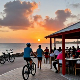 Caribbean Holidays, April Cycling Holidays, Friendly cyclists enjoying a sunset meal at an outdoor restaurant in Willemstad, with bicycles parked nearby